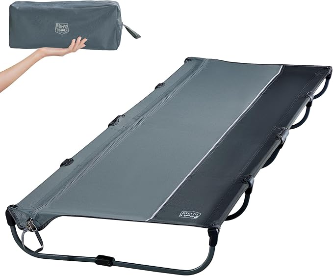 TIMBER RIDGE 20-Second Quick Set-Up Camping Cot Lightweight Aluminum Folding Cot with Zipper Closure Portable Carry Bag Included for Camping Travel and Outdoors Support up to 225lbs Grey