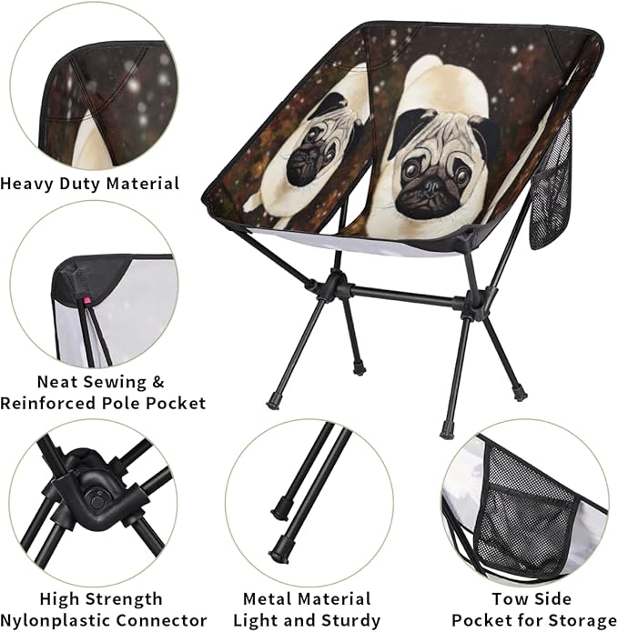 Cute Pug Dog Camping Chair Lightweight Portable Chairs for Adults Easy Installation Outdoor Foldable Camping Chair for Camping Fishing Hiking Picnic Beach