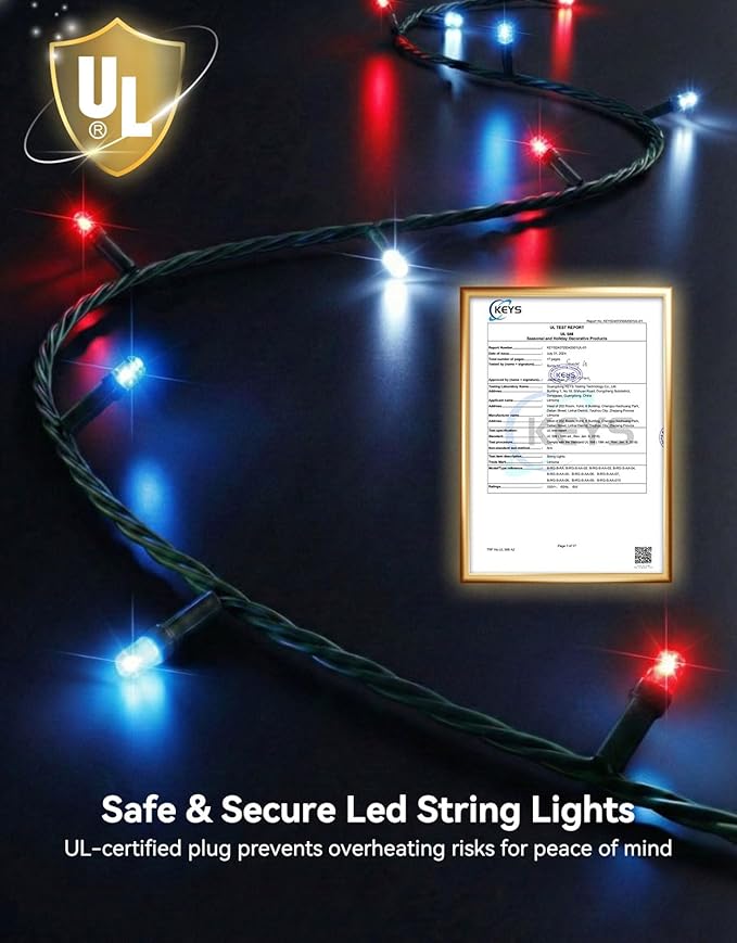 LitHome 99FT 300 LED Red White and Blue Lights Outdoor Waterproof 8 Modes Patriotic Lights Plug in Green Wire 4th of July Decoration String Light with Timer for Independence Day Tree Holiday Party