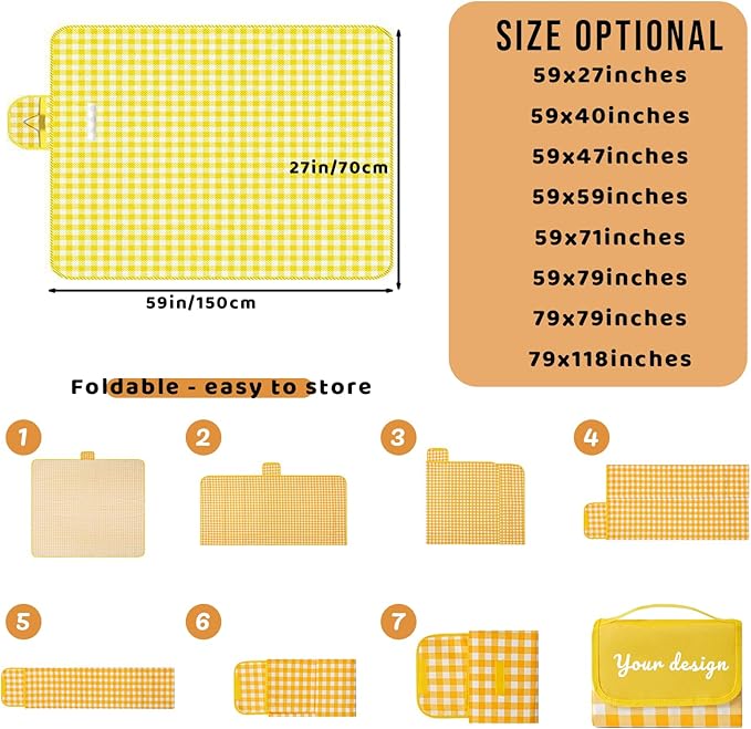 Custom Picnic Blanket Foldable Gingham Beach Mat Waterproof Sandproof Personalized Name Text Logo for Outdoor Camping Lawn Park Hiking Patio