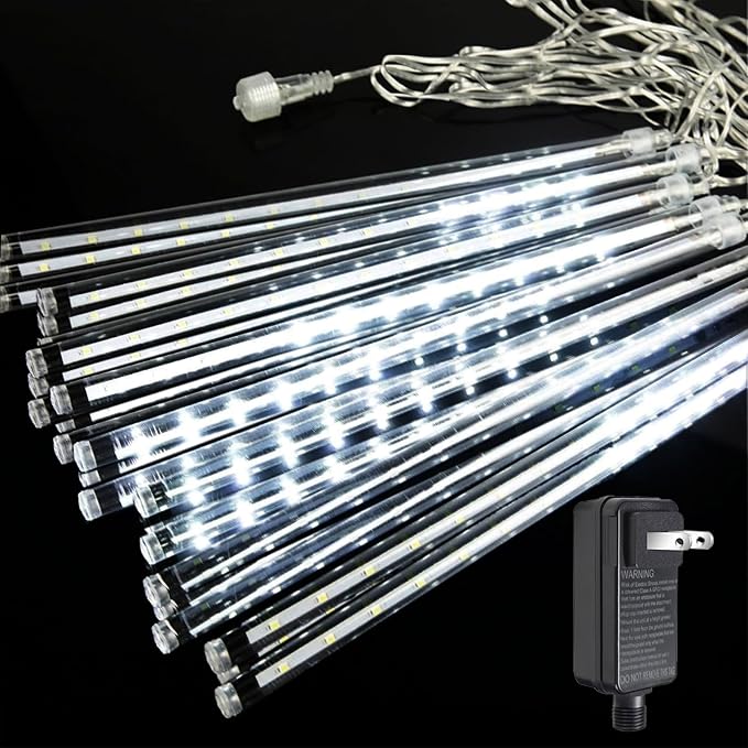 Meteor Shower Lights Outdoor Christmas Lights 24-Tube 576LEDs Snow Falling Rain Cascading Icicle String Light for Xmas Tree Christmas Decorations Wedding Party Holiday Yard Garden Decor UL Plug White