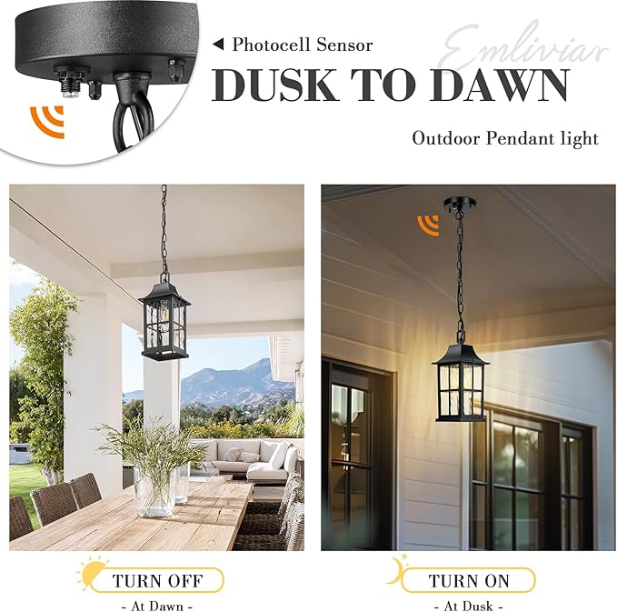 Emliviar Modern Outdoor Hanging Lantern with Dusk to Dawn Sensor 10.6 Inch Pendant Lighting Fixture for Porch in Black Finish Water Ripple Glass YXE306H-PC BK-SW