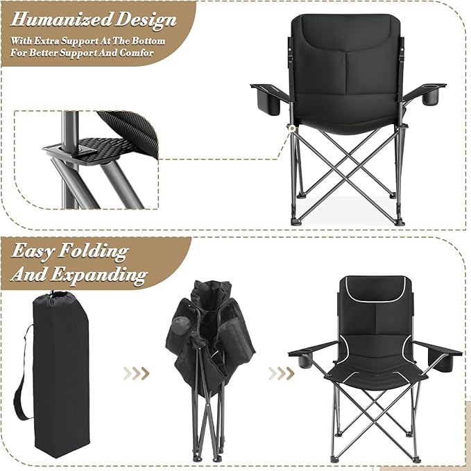 Athena Collection Portable Camping Chair for Outdoor Foldable Outdoor Beach Camping Chair with Adjustable Backrest &amp Armrest Oversized Padded Chair Folding Lawn Chair with Cooler &amp Cup Holde