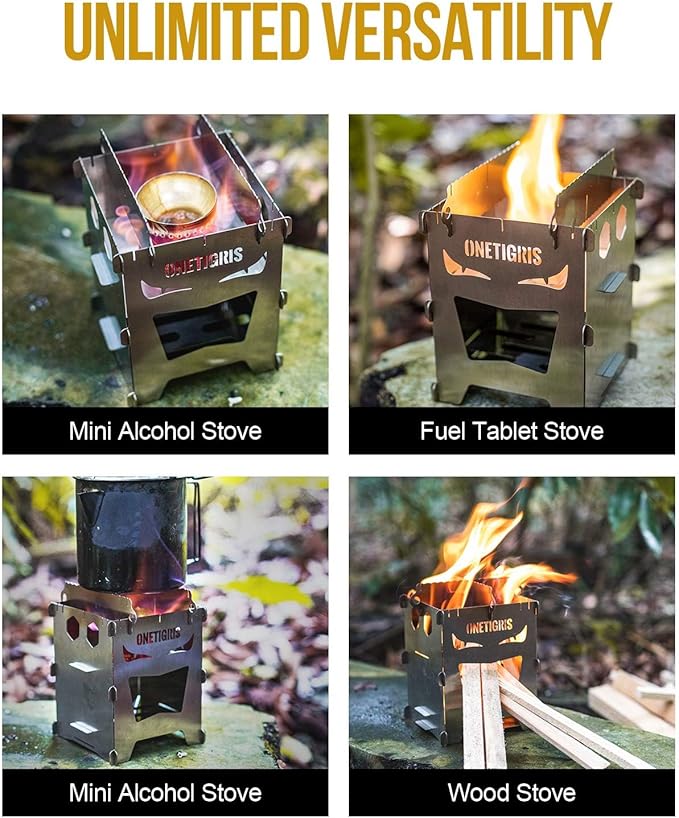 OneTigris Camping Backpacking Stove Portable Foldable Burning Wood Stove for Outdoor Hiking Picnic BBQStainless Steel (Medium)