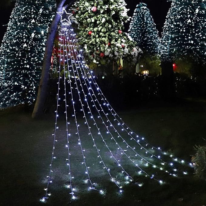 PUHONG Christmas Decoration Star Lights Outdoor320 LED 16.4Ft Christmas String Lights[8 Modes &amp Waterproof] for Halloween Xmas New Year Holiday(Iron) (White)