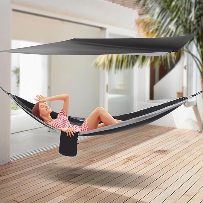 HammocksCamping Hammock with Mosquito Net and Rain Fly Tarp200kg Load CapacityLightweight Portable Hammock for BackpackingHikingand Travel-Black/Grey