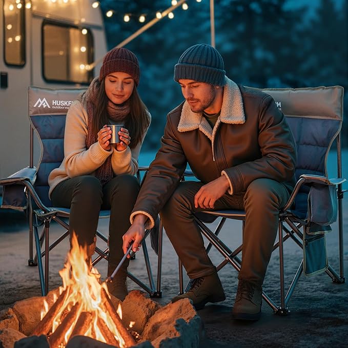 Heated Camping Chair Extra Wide Heated Chair Heavy Duty Heated Camp Chair Supports 450 lbs Heated Lawn Chairs for Adults with Cup Holder Cooler Side Pocket (Power Bank not Included)