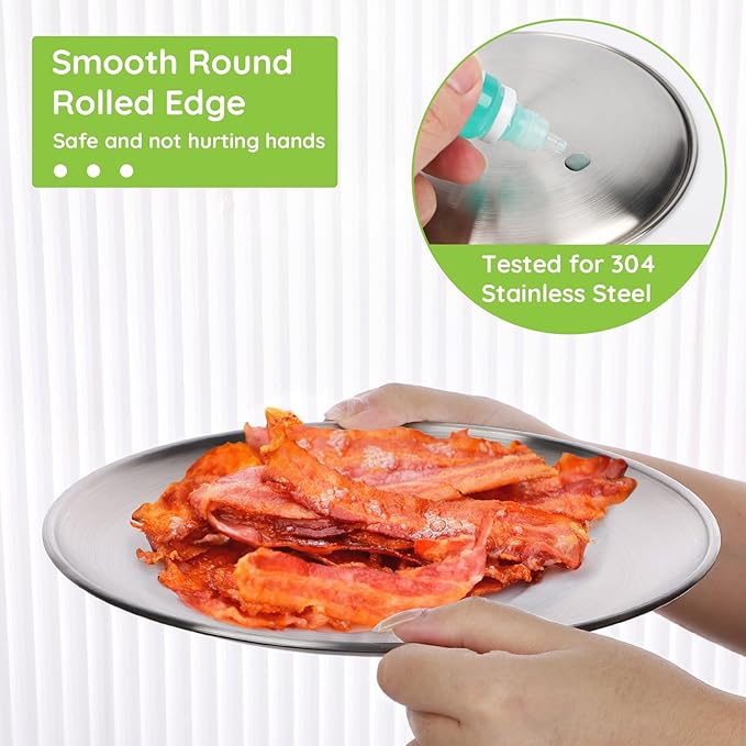 Metal Camping Plates 6 Pack 9.1 inch 304(18/8) Stainless Steel Plates Reusable Pizza Food Serving Snack Eating Salad Dishes Round Shatterproof Plate Silver Dinnerware Dinner Oven Safe
