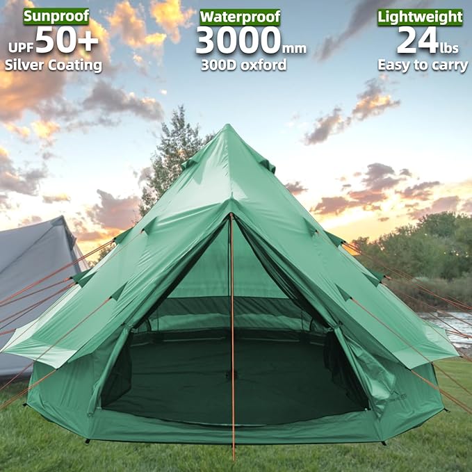 DANCHEL OUTDOOR B1 Portable Yurt with Footprint Waterproof 4-6 Persom Family Camping Bell Tent 300D Oxford Nylon UPF50+ Sun Protection Green 13ft/4m