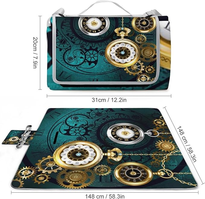 Vintage Steam Punk Clock Art Waterproof Outdoor Picnic Blanket Sandproof Beach Mat for Camping Hiking Grass Travelling