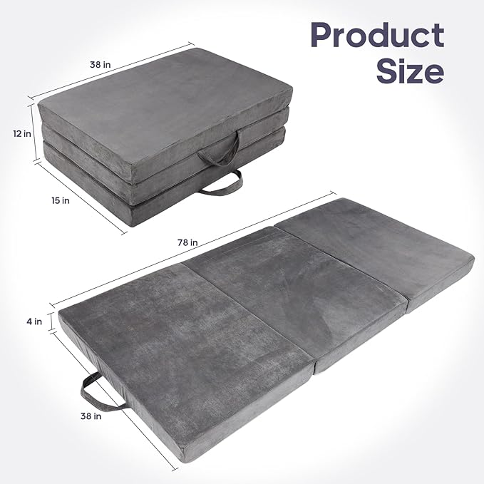 Tri-fold Memory Foam MattressHandle &amp Non-Slip Bottom 4 inch Single Folding Mattress with Washable Covers Travel Camping and Yoga Mat75 x 38 x 4