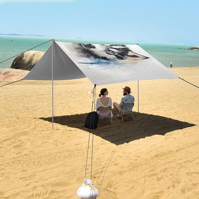 ALAZA Husky Dog Puppy Beach Tent Sun Shelter UPF50+ Protection Beach Shade Canopy w/ 4 Sandbags for Outdoor Camping Fishing Backyard Fun Picnic 10x9 ft