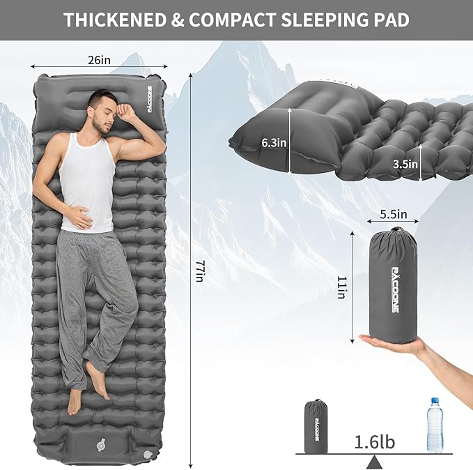 Camping Sleeping Pad Connectable Design for Double Mat Ultralight Inflatable Sleeping Mat with Pillow Built-in Foot Pump Portable Camping Air Mattress for Backpacking Hiking Tent (Grey)