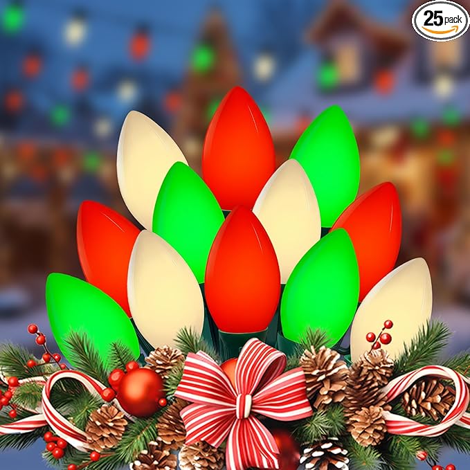 25FT Red Green White Christmas LightsVintage C9 LED Christmas Light with 26 Shatterproof Plastic BulbsConnectable Multicolor Outdoor Lights for Christmas Tree GardensParty Holiday