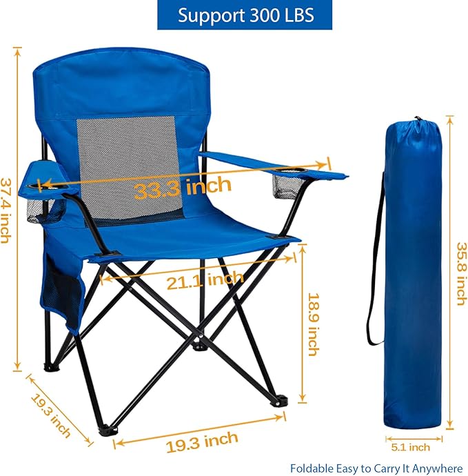 Outdoor Camping Chairs Set of 2 Folding Portable Foldable Lawn Chair Support 300lbs with Cooling Mesh Backrest 2 Cup Holder Side Pocket for Concert Carry Bag for Sports(Blue Mesh2 Pack)