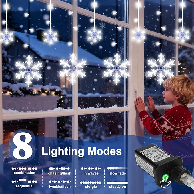 Christmas Snowflake Curtain String Lights 10.2FT 156LED Icicle Lights for Outside with 12 Drops 8 Modes Waterproof Connectable Fairy Window Light for Eaves Garden Yard Indoor Outdoor Xmas Decor