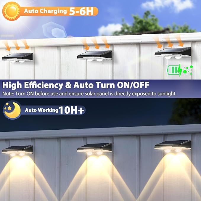 Solar Fence Lights Outdoor 8-Pack Waterproof Fence Light Solar Powered with 3 Modes (3000K/4500K/6500K) for Outside Patio Deck Stair Step Garden Backyard Walkway Pathway Railing