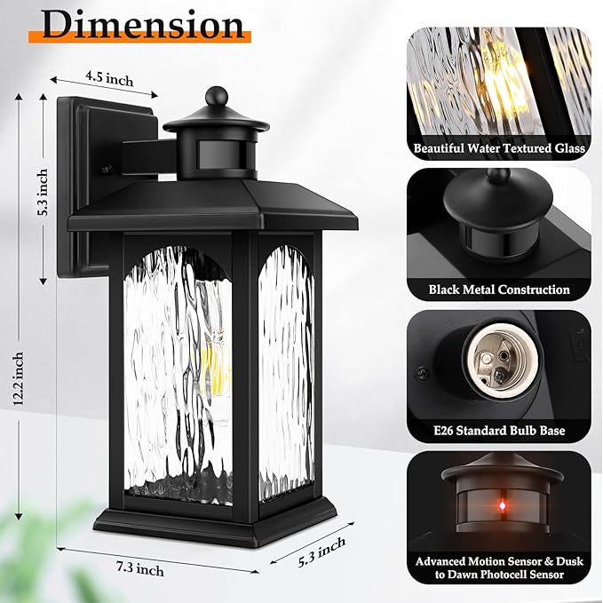 Motion Sensor Outdoor Wall Lantern Updated Dusk to Dawn Outdoor Lighting Exterior Light Fixtures Black Porch Lights &amp Outside Wall Sconces with Water Rippled Glass for Patio Garage Entryway Hou