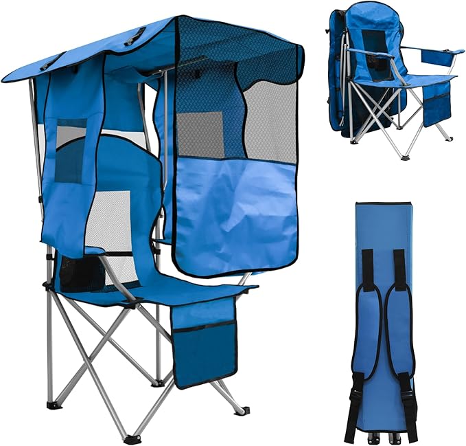 BDL Camping Chair with Canopy Shade Portable Foldable Canopy Chair with Cooler Mesh Backrest Cup Holder and Pocket for Camping Fishing Beach and SportsSky-Blue