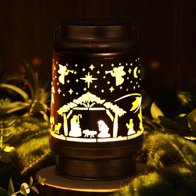 Christmas Solar Lanterns Outdoor Nativity Scene Waterproof Hanging Solar Lights Christmas Outdoor Decorations Gifts Men Women Metal Decorative LED Lantern for Yard Patio Lawn Pathway