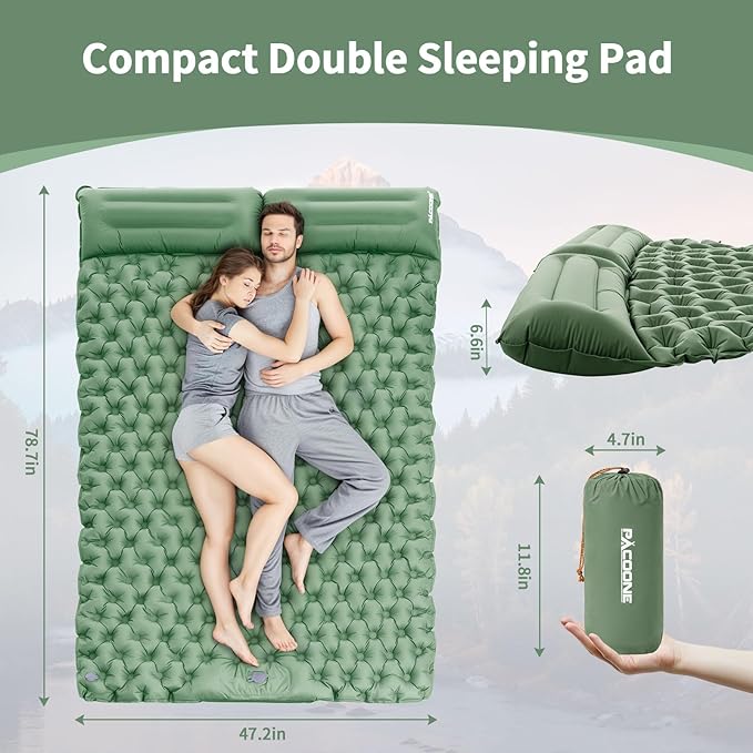 Camping Double Sleeping Pad Self Inflating Sleeping Mat with Pillow Built-in Foot Pump 2 Person Portable Camping Air Mattress for Backpacking Hiking Traveling Tent(Green)