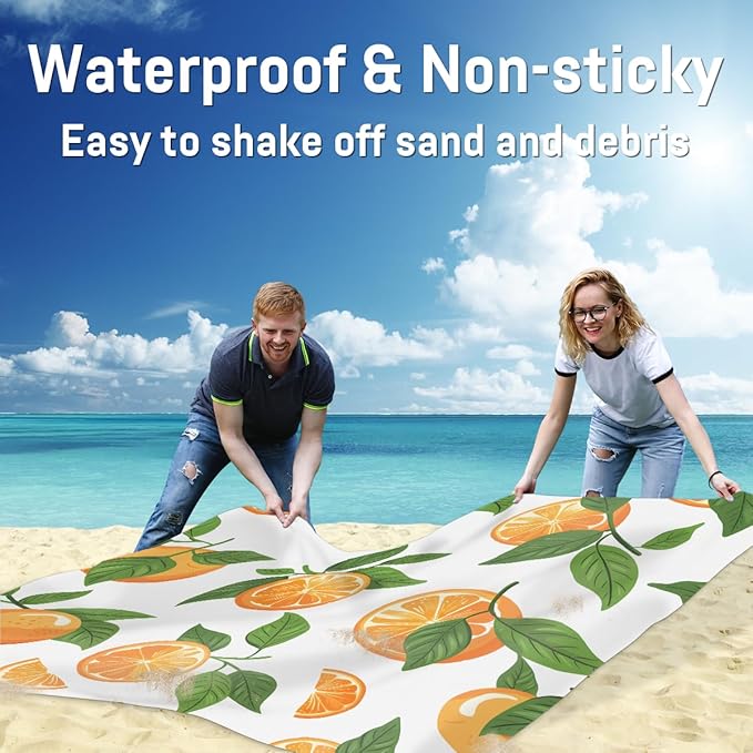 Waterproof Sandproof Beach Blanket 59''×68'' Orange Polyester Outdoor Picnic Blanket with 4 Stakes &amp Storage Bag for BeachCampingVacation White Bottom