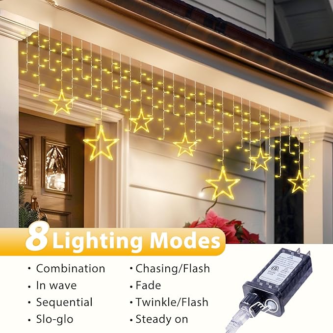 Minetom Icicle Lights Outdoor with Star 20FT 200 LED Christmas Star Light with 24 Drops8 Modes Icicle String Lights with Timer Waterproof Christmas Light Outdoor Warm White