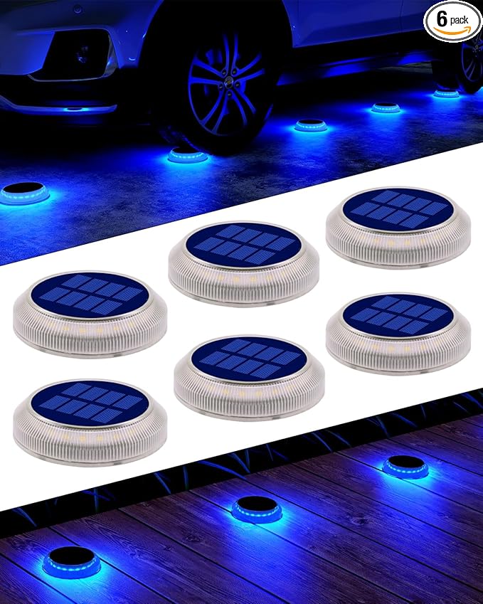 6 Packs Solar Driveway Lights Blue Dock Deck Lights Solar Powered Outdoor IP68 Waterproof Stick on Light for Step Stair Driveway Pool Pathway Walkway Patio