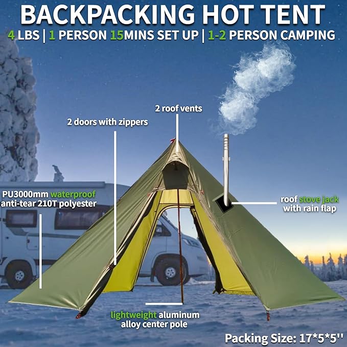 DANCHEL OUTDOOR Backpacking Hot Tent w/Stove Jack Portable Tipi Tent with T6 Titanium Folding Wood Stove for 1-4 Person Winter Camping Hunting3m/4m