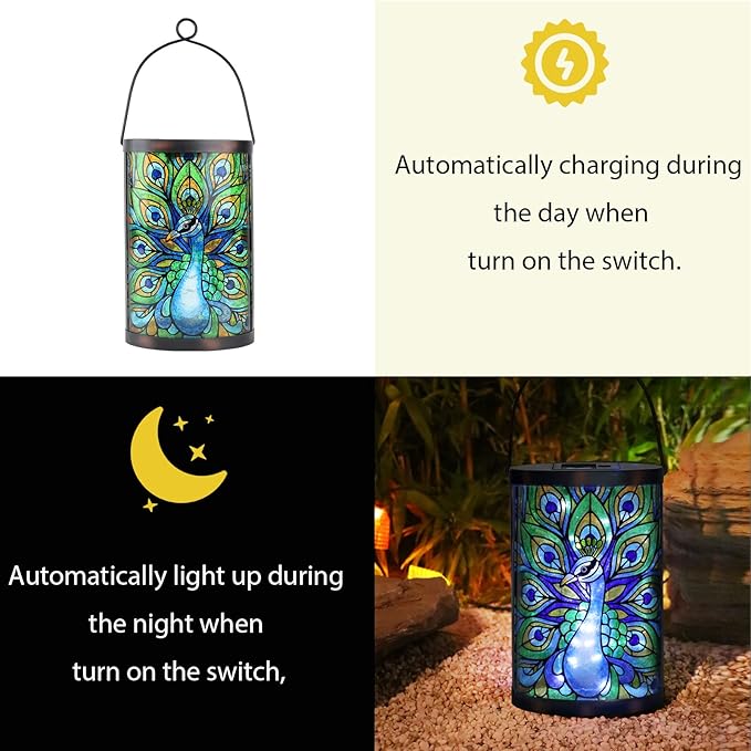Afirst Solar Lantern Outdoor Hanging Glass Peacock Solar Lights Waterproof Led Lamp for Garden Yard Tree Desk Decor