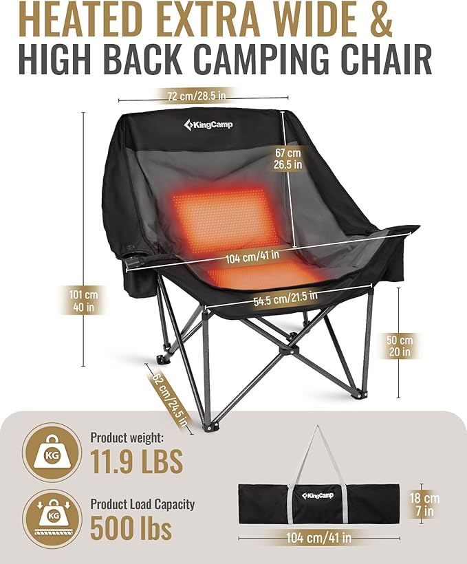 KingCamp Oversized XL Camping Chair Heavy Duty 500lbs Folding Couch for Adults Padded Large Comfortable Sofa Seat with Cooler Bag Cup Holder for Outdoor Sports Fishing Patio Lawn