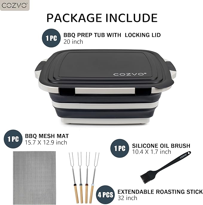6-in-1 Collapsible BBQ Prep Tub &amp Marinade Container with Locking Lid | 20 Multifunction Camping Sink Portable Cutting Board and Food Storage Bin for Grilling Picnics Tailgating - Black