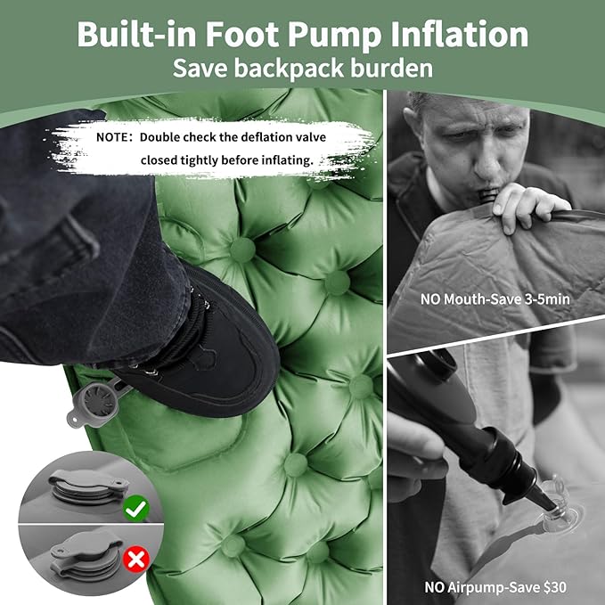 Camping Double Sleeping Pad Self Inflating Sleeping Mat with Pillow Built-in Foot Pump 2 Person Portable Camping Air Mattress for Backpacking Hiking Traveling Tent(Green)