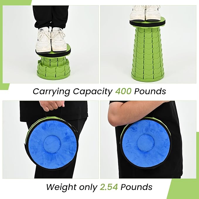 2 Pack Upgraded Collapsible Stool with Cushion Thickened Retractable Folding Stool Max Load Capacity 400lbs Portable Telescoping Stools for Camping Fishing Outdoor Hiking BBQ -Green