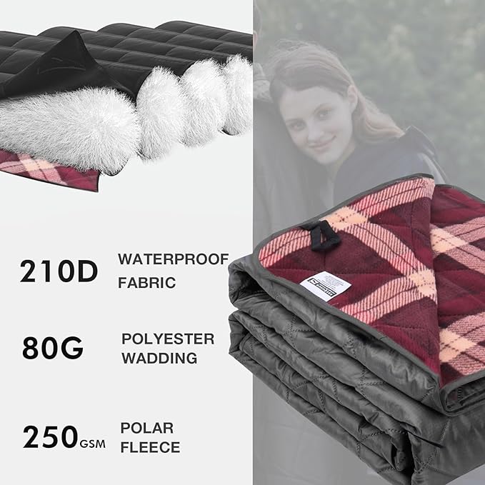 DUKUSEEK Large Camping Blanket - Waterproof Quilted Extra Thick Fleece Warm Windproof Wearable Includes Foldable Hood and Stuff Sack for Car Outdoor Sports Picnics Stadiums Dogs…