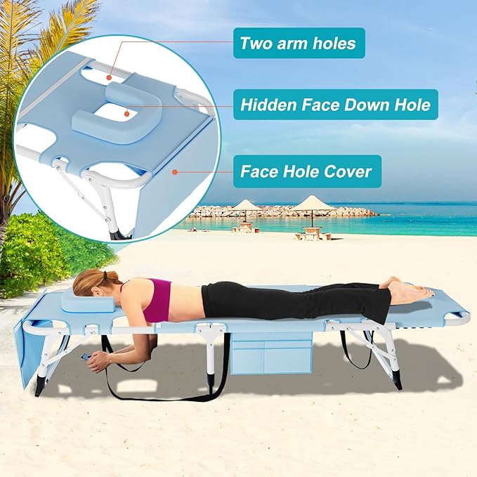 ABORON Folding Camping Cot W/Mat &amp Face Arm Hole for Adults Adjustable Heavy Duty Outdoor Bed1200 D Layer Oxford Travel Camp Cots for Beach Pool LawnYard Patio