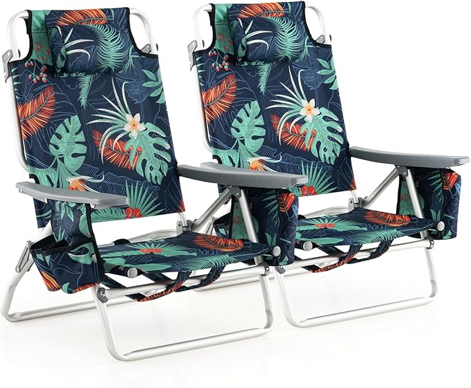 GYMAX Beach Chairs Backpack Camping Chair with Armrest Cooler Bag Cup Holder Towel Bar &amp Side Pockets Sunbath Sling Tanning Lounge Folding Layout Chair (Without Table Flower)