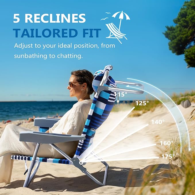 5-Position Aluminum Lay Flat Backpack Beach Chair 2 Pack Compact Portable Low Beach Chairs for Adults Beach Chair with Cooler Pouch Storage Pouch Towel Bar Cup Holder Blue Stripe