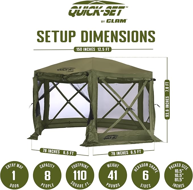 CLAM Pop Up Screen Tent Outdoor Camping Gazebo Canopy Pavilion 12.5' Green - Heavy-Duty Portable Screened Shelter with Netting for Beach Patio and Backyard