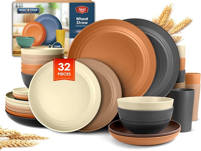 Teivio 32-Piece Kitchen Plastic Wheat Straw Dinnerware Set Service for 8 Unbreakable Plates Bowls and Cups Set Farmhouse Outdoor Camping Dishes for Rustic Life/Country/Vintage Saddle Ombre