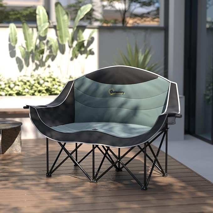 Outsunny Double Camping Chair for Adults Padded Folding Camp Chair for 2 Person with Armrest Wine Glass Holder Cup Holder Carry Bag for Outdoor Sports Picnics Supports up to 552 lbs.