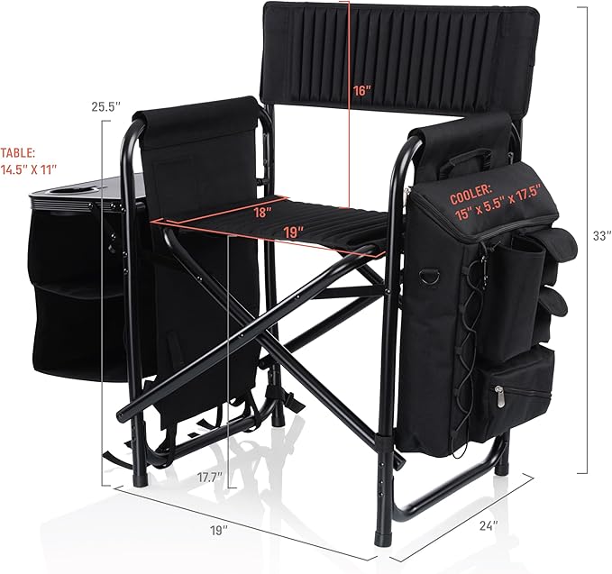Picnic TIME Fusion Camping Chair with Side Table and Soft Cooler Outdoor Foldable Padded Camping Chairs with Shelves Pockets &amp Cup Holder for Lawn Beach &amp Sports Use for Adults (Matte Bl