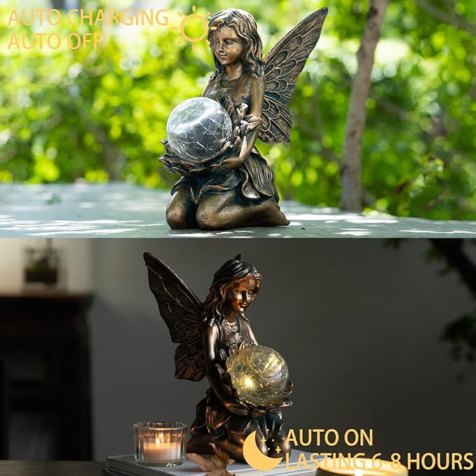 Garden Statues Outdoor Flower Fairy DecorSolar Powered Outdoor Resin Statues-Patio Lawn Yard Porch Funny Fairies Ornaments Figurines for Outside Garden Gifts8.31 Inches Tall