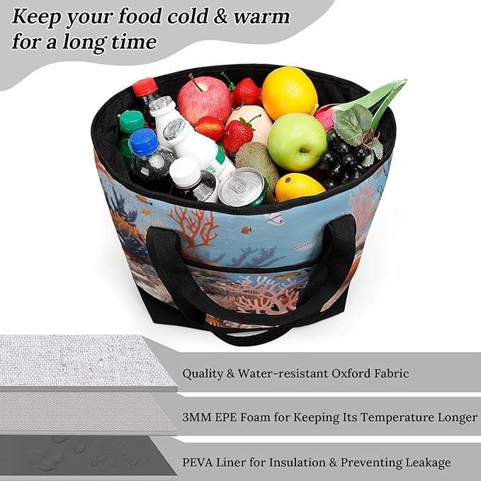 Insulated Shopping BagLarge Reusable Cooler Bags Coral Reef Printed Foldable Shopping BagTravel Waterproof Shoulder Bag