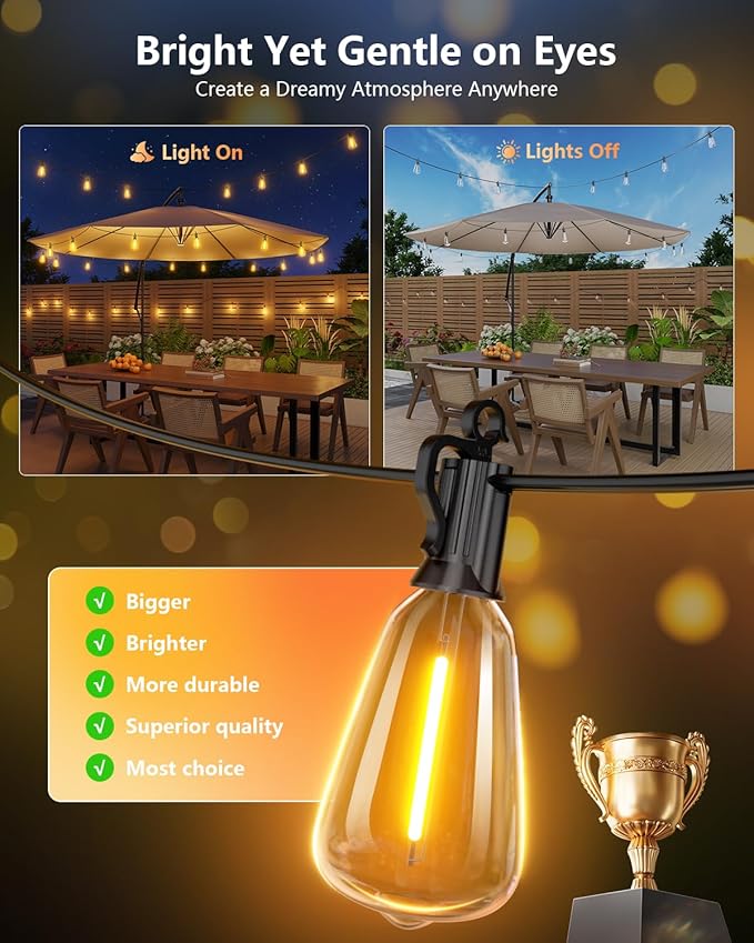 Brightown 175FT Solar String Lights Outdoor Waterproof with Remote 56+2 LED Shatterproof Bulbs Dimmable &amp Timable 3 Light Modes - Commercial Grade Patio Lights for Garden Backyard Party Decor