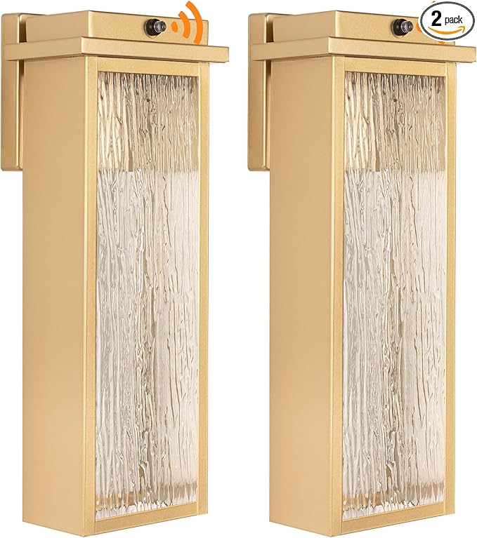 16 Dusk to Dawn LED Outdoor Light 2 Packs Gold Outside Porch Lights Wall Mount Large Exterior Lighting Fixtures with Rippled Glass Waterproof Modern Wall Lantern for House Patio