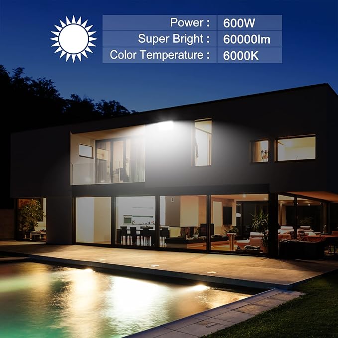 600W Outdoor LED Flood Light 60000LM Super Bright 110-285V IP66 Waterproof 6000K Daylight White Security LightsLighting for Playground Yard Stadium Lawn Ball Park
