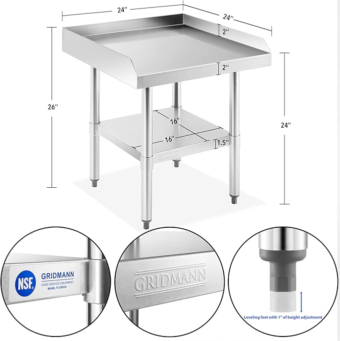 GRIDMANN NSF 16-Gauge Stainless Steel 24 L x 24 W x 24 H Equipment Stand Grill Table with Undershelf for Commercial Restaurant Kitchen