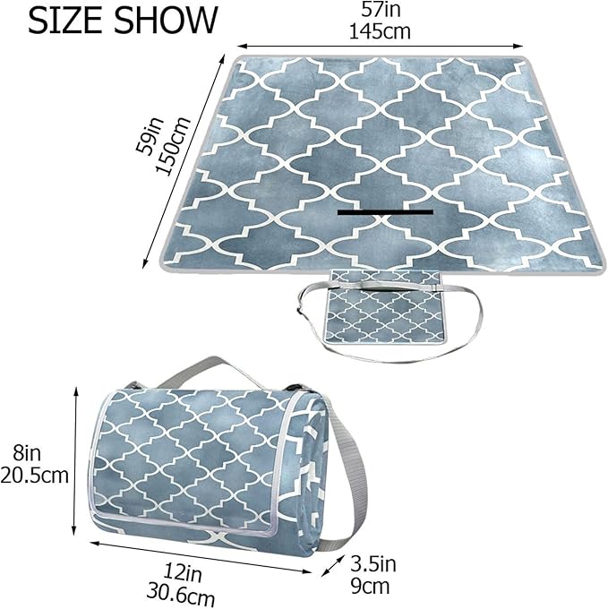 MNSRUU Picnic Blanket Waterproof Foldable Grey Moroccan Large Outdoor Picnic Beach Camping Blanket Travel Mat Shoulder Strap Tote Rectangle 57x59in