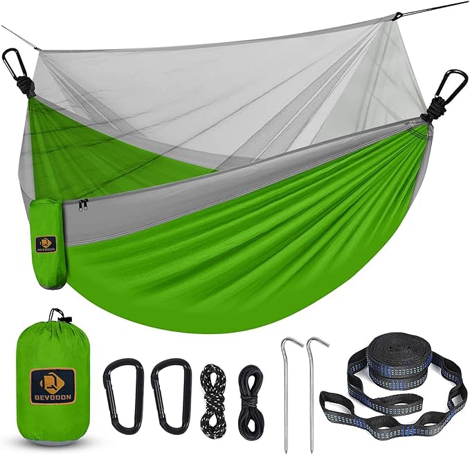 Camping Hammock with NetTravel Portable Lightweight Hammocks with Tree Straps and Solid D-Shape CarabinersParachute Nylon Hammock for Outsides Backpacking Beach Backyard Patio Hiking